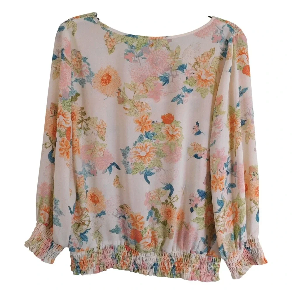 Rose + Olive Floral Smocked Blouse Cream Orange Pink Blue Long Sleeve Large - Picture 7 of 10